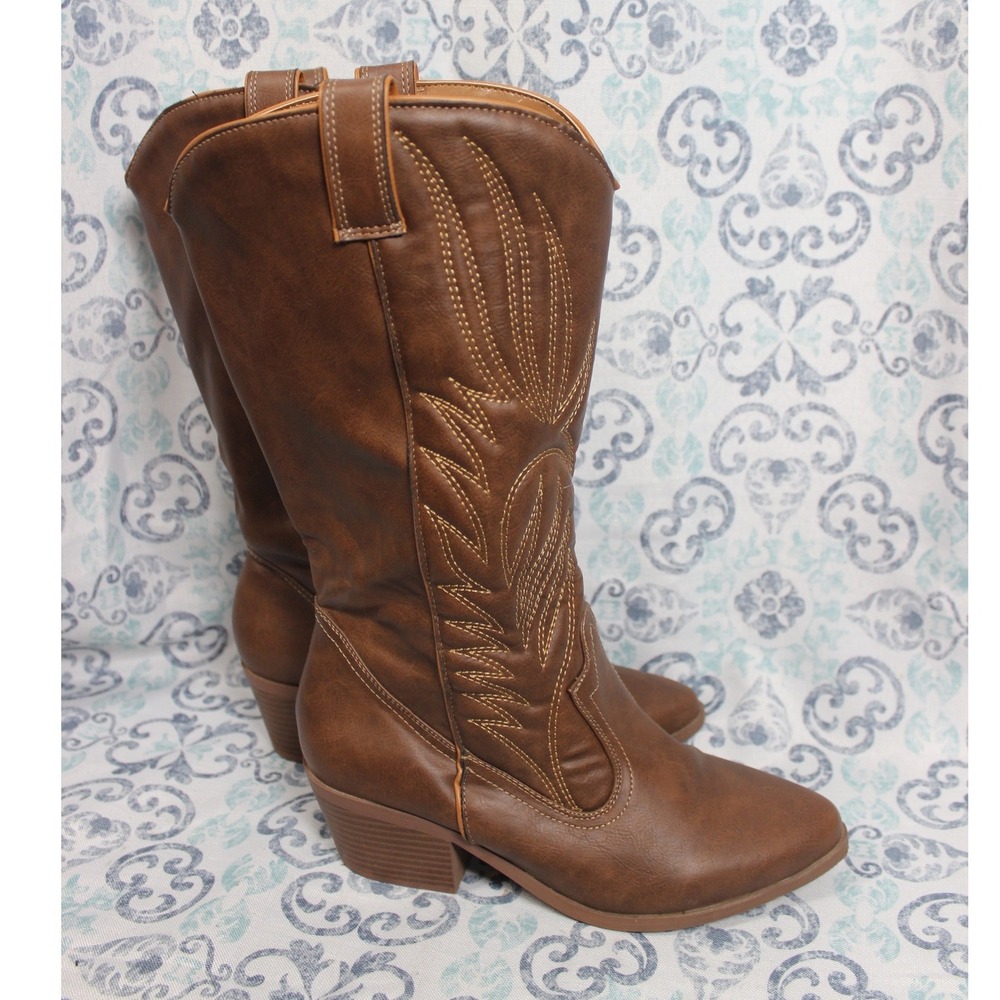 Qupid Womens Brown Faux‎ Leather Knee High Cowboy Boots Embroidered Size 8.5